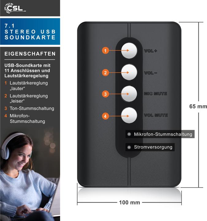 Immagine prodotto CSL Scheda audio USB esterna, audio surround 7.1, adattatore audio stereo, per PC - Win 10, 11 (USB)