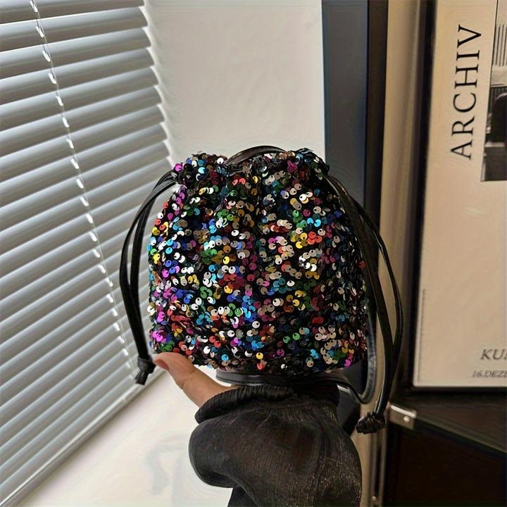 Actual product image Only-Bags.Store Colourful sparkle glitter sequins lightweight bucket bag, stylish street commuter style soft