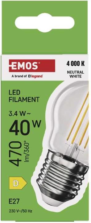 Immagine prodotto Emos Lampada LED Filament Mini Globe / E27 / 3,4 W (40 W) / 470 lm / Bianco neutro (E27, 3.40 W, 470 lm, 1 x, D)