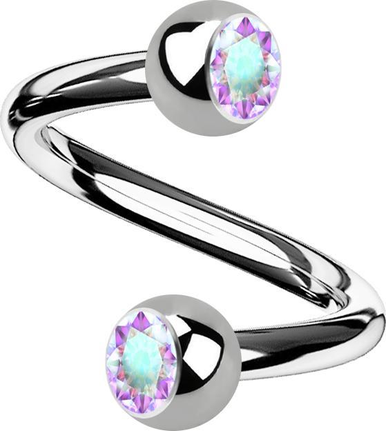 Star Piercing Micro Spirale silber mit zwei Kugeln Kristall multicolor (Titan G23, ohne Messing)