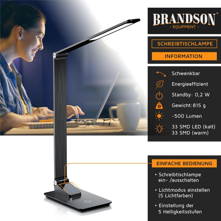 Immagine prodotto Brandson Schreibtischlampe Metall-Design, USB Ladeanschluss, kabelloses Laden wireless Charging, Dimmfunktion (500 lm)
