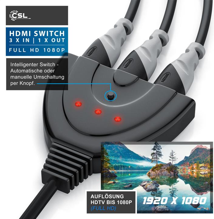 Image du produit CSL Commutateur HDMI 3 ports Full HD 1080p, commutation automatique / 3D / HDCP / CEC