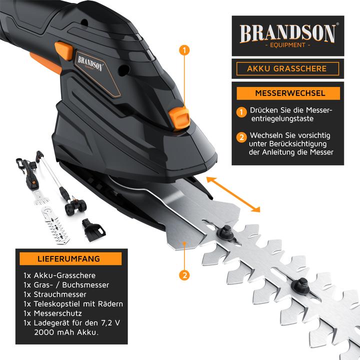 Actual product image Brandson Cordless grass shears, electric garden shrub shears, telescopic pole 90-130 cm with wheels, lawn (Cordless hedgecutters)