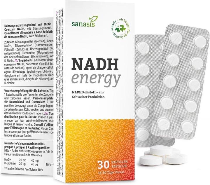Nutritional values and ingredients Sanasis NADH energy age & active pastilles (30 Piece, Pills, 22 g)