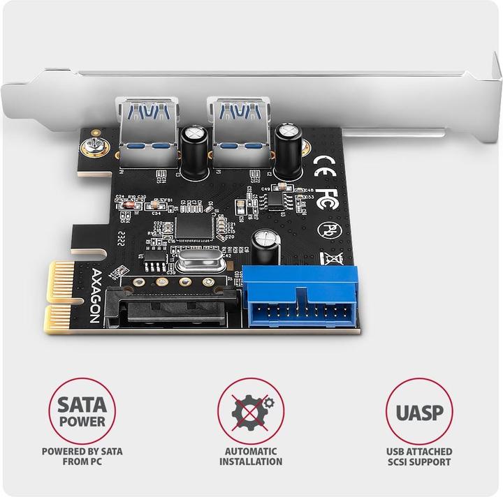 Actual product image Axagon PCEU-232RS expansion card, PCIe 4.0 x1, 4x USB 3.0, 2x internal - black