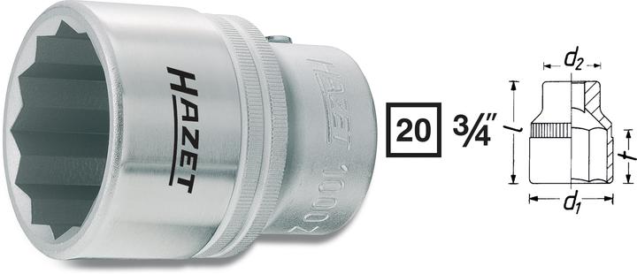 HAZET Inserto chiave a bussola ∙ a doppio esagono 1000Z-35 ∙ Attacco quadro, cavo, 20 mm (3/4 di po… (35 mm)