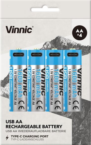 Produktbild Vinnic Rechargeable Battery AA USB-C 1600mAh 4pcs incl. Case&Charging Cable (4 Stk., AA, 1600 mAh)