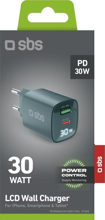 Image du produit SBS Chargeur mural avec écran LCD, 1 sortie USB-C-PD-30W, 1 sortie USB-A-18W (30 W)