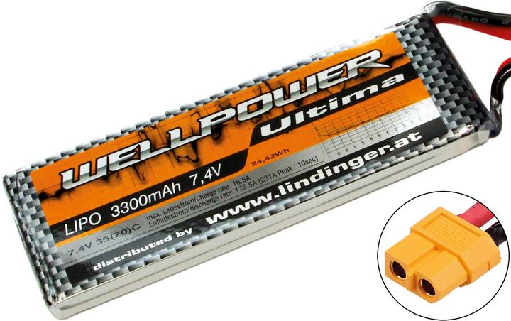 Actual product image Wellpower lipo battery ultima 3300 mah / 7.4 volt 2s 35/70c ch5/8 xt-60 (7.40 V, 3300 mAh)