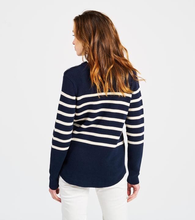 Actual product image Tribord Women's knitted sailing pullover, 100 navy blue with beige stripes (XS)