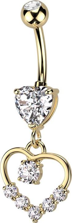 Star Piercing Banane vergoldet mit Kugel und Herz Kristall silber Anhänger Herz sechs Kristalle (Messing, Chirurgenstahl 316L)