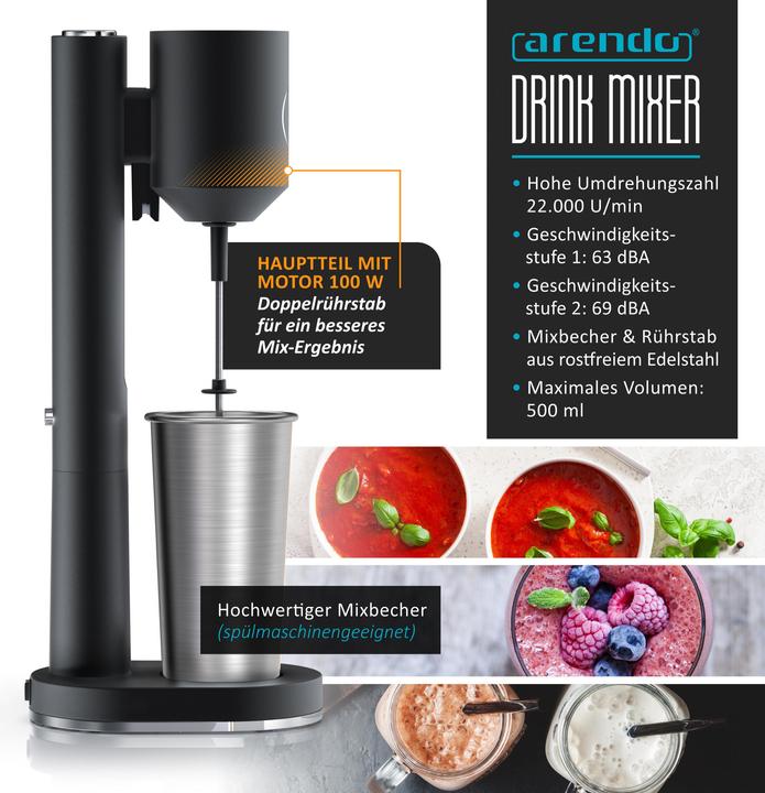 Produktbild Arendo Standmixer Elektrischer Getränkemixer 22.000 U/min, Doppelstab, 100W, für Milkshakes, Smoothies uvm. (CH-Stecker, 100 W)