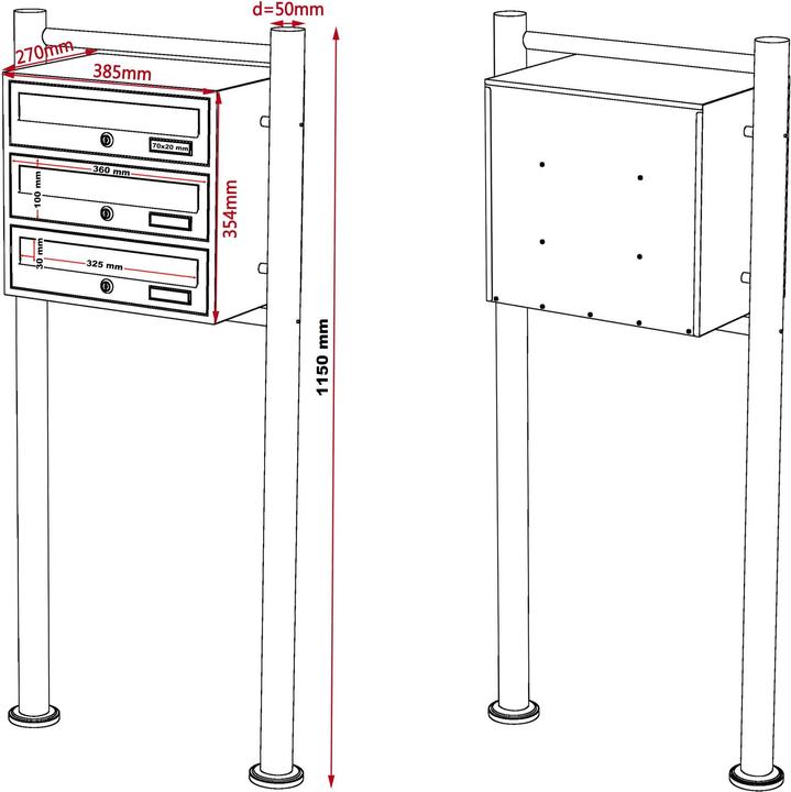 Produktbild Wiltec 3er Briefkastenanlage weiss 513x270x1150mm Standbriefkasten Briefkasten