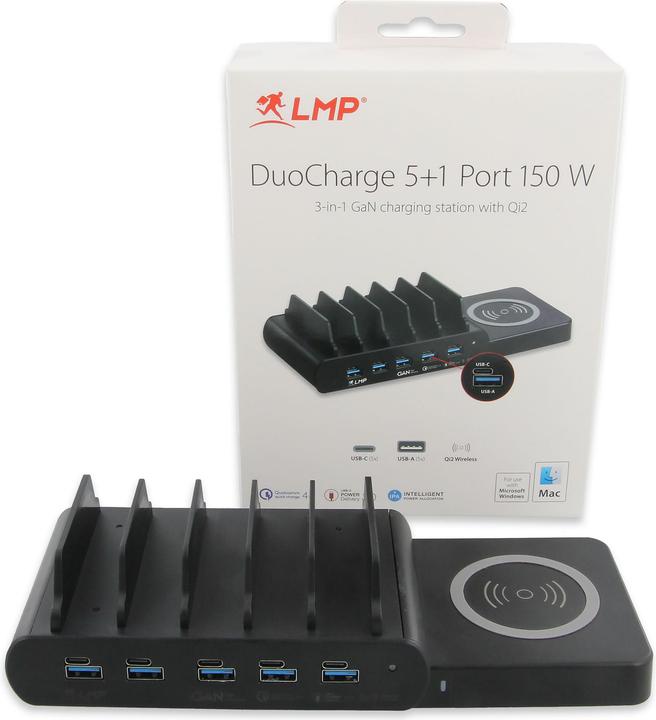 Produktbild LMP DuoCharge 5+1 Port,GaN charging station Qi2 charging pad (150 W)
