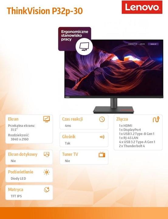 Produktbild Lenovo ThinkVision P32p-30 (3840 x 2160 Pixel, 31.50")