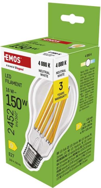 Produktbild Emos LED Lampe Filament A70 / E27 / 18 W (150 W) / 2452 lm / Neutral Weiss (E27, 18 W, 2452 lm, 1 x, D)