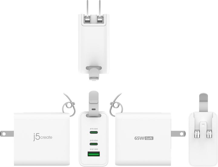 Produktbild j5Create 65-Watt-GaN-USB-C-Reiseladegerät mit 3 Anschlüssen, einschliesslich austauschbaren Netzsteck (65 W)
