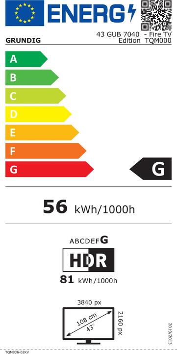 Etichetta energetica Grundig 43 GUB 7040 - Edizione Fire TV - 108 cm (43") (43", LCD, 4K)