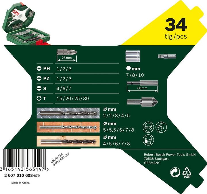 Energy Label Bosch Zubehör X - Line Classic drill and bit set 34 pieces (2 mm, 5.5 mm, 5 mm, 6 mm, 7 mm, 8 mm, 4 mm, 3 mm)