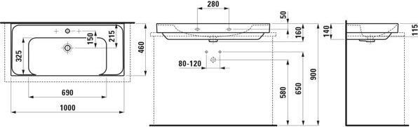 Produktbild Laufen Meda Aufsatzwaschtisch, geschliffen, Ablage beidseitig, 1000x460mm, 2 Hahnlöcher, ohne Über (1070 mm, 205 mm)