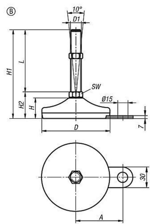 Actual product image Kipp Levelling foot, form B M20x150, D=100, stainless steel, comp rubber