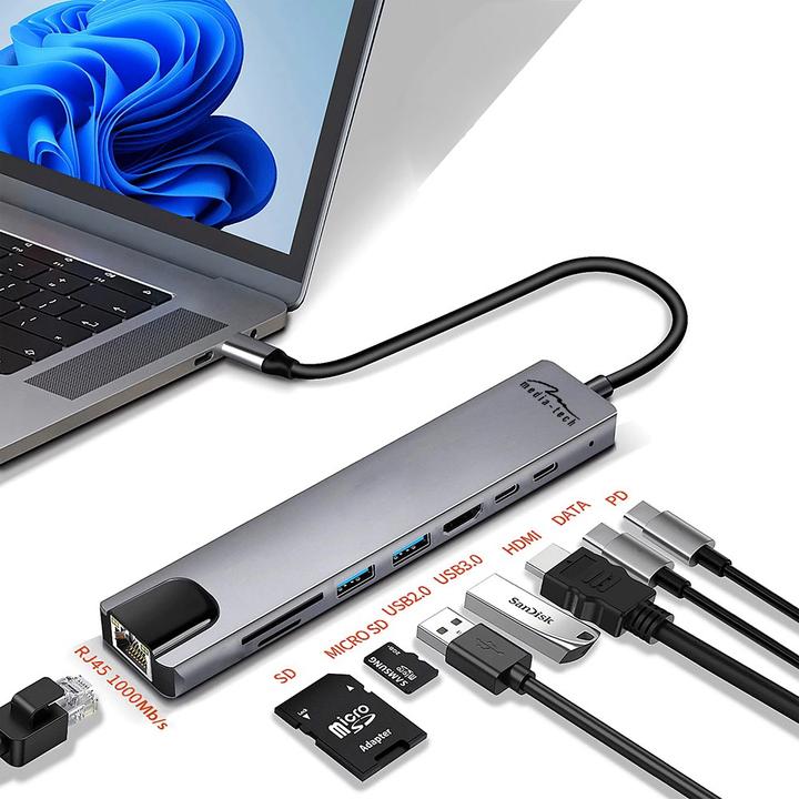 Immagine prodotto Media-Tech HUB USB 8 IN 1 GIGA LAN HUB MT5046 (USB-C, 6 Porti)