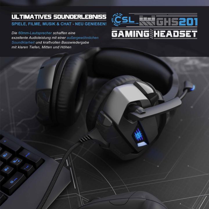 Actual product image CSL Gaming headset, USB, microphone, LED lighting, headphones for Windows, Mac, PS3, PS4, PS4 Pro, PS5 (Cable)