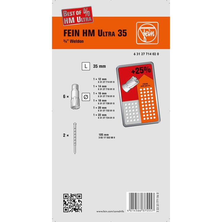 Actual product image Fein Core drill set 63127714020 1 S (18 mm, 14 mm, 12 mm, 20 mm, 22 mm, 16 mm)