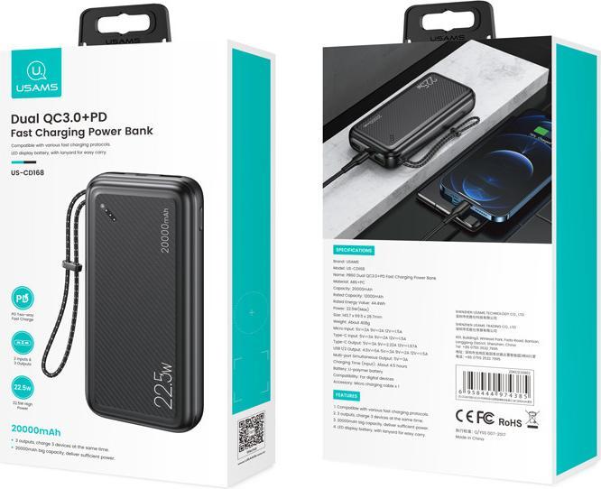 Produktbild Usams Powerbank PB60 20000mAh 22.5W 2xQC3.0+PD Fast Charge czarny/black 20KCD16801 (US-CD168) (20000 mAh, 22.50 W, 22.50 Wh)