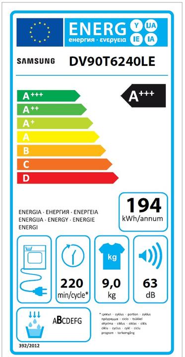 Energy Label Samsung Tumble dryer DV6000 9kg (9 kg, Right)