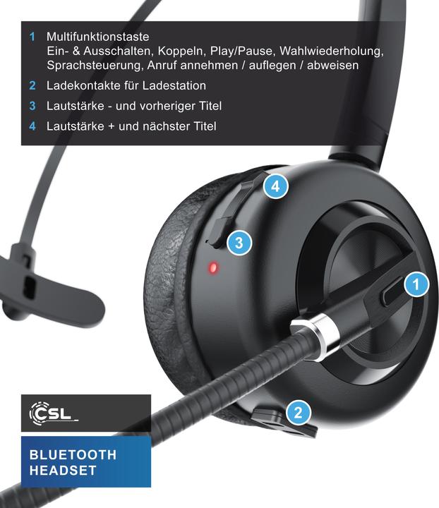 Produktbild CSL Wireless-Headset, Bluetooth Kopfhörer, Mikrofon, Ladestation, Noise Cancel, Multipoint, BT 5.3 (Kabellos, USB-A)
