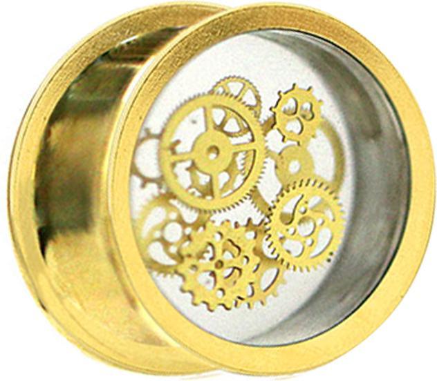 Star Piercing Flesh Plug vergoldet Steampunk Zahnräder Epoxy transparent (Organisch, Messing)