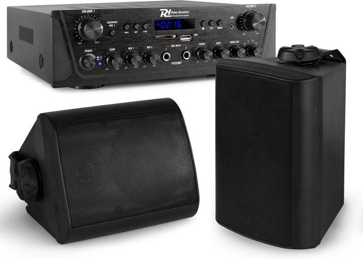 Image du produit Power Dynamics met Bluetooth - PV220BT 2-zone amplificateur audio + 2 BGO40 zwarte 4/u0027/u0027 speakers (Actif)