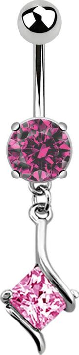 Star Piercing Banane silber mit runden Kristall mit Anhänger und viereckigem Kristall pink (Chirurgenstahl 316L, ohne Messing)