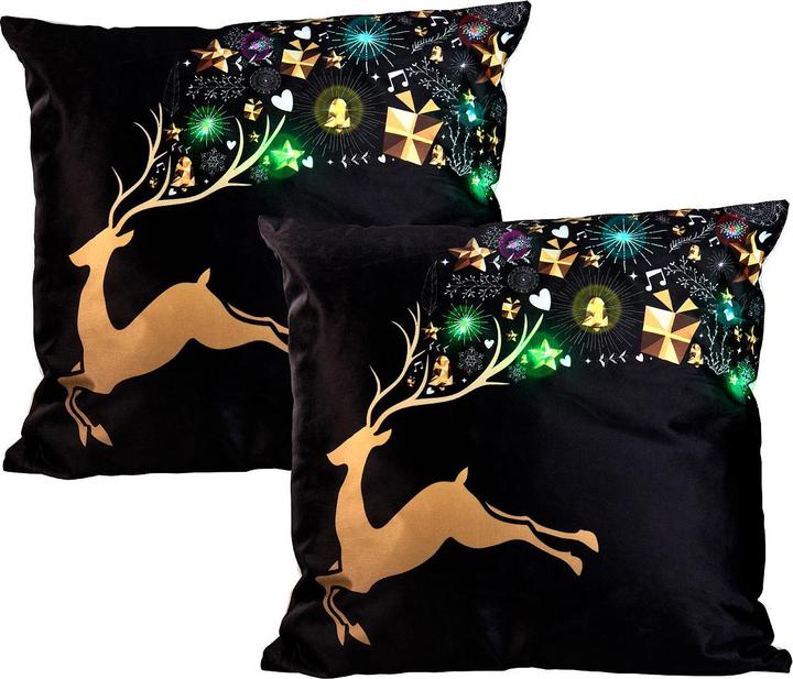 Produktbild Infactory 2er-Set Deko-Weihnachtskissen "Rentier" mit LEDs, 45 x 45 cm (40 x 40 x 7 cm)