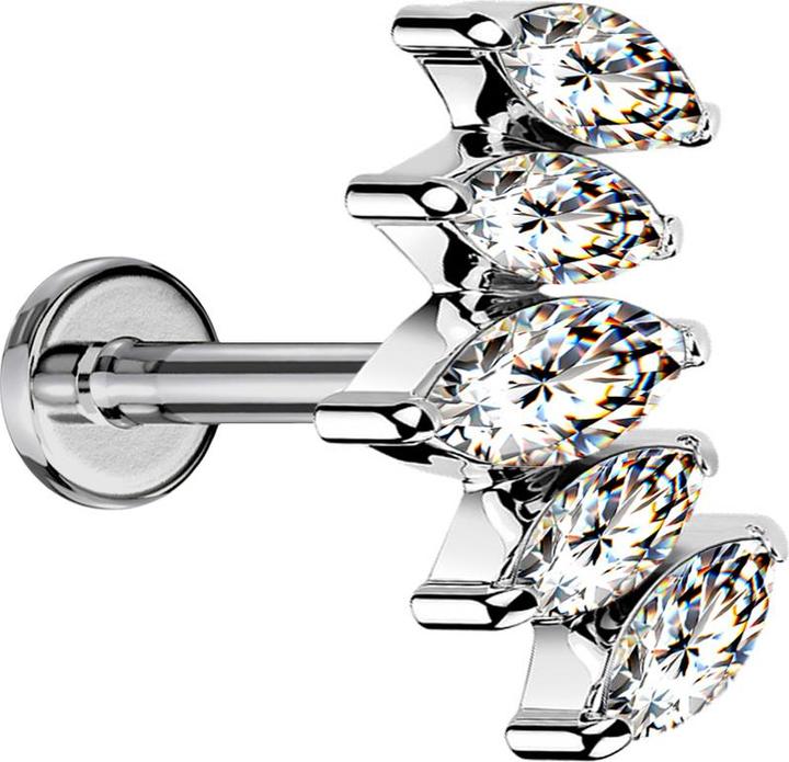 Star Piercing Micro Labret Innengewinde silber Fächer silber mit fünf Kristalle silber (ohne Messing, Titan G23)