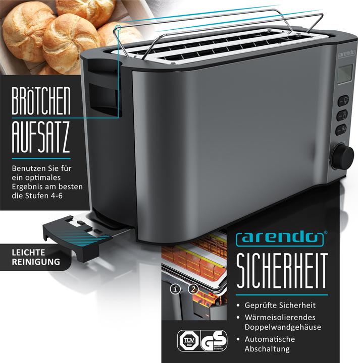 Produktbild Arendo Frühstücks Set, 4 Scheiben Langschlitz Toaster mit Brötchenaufsatz & Eierkocher für 6 Eier, Grau