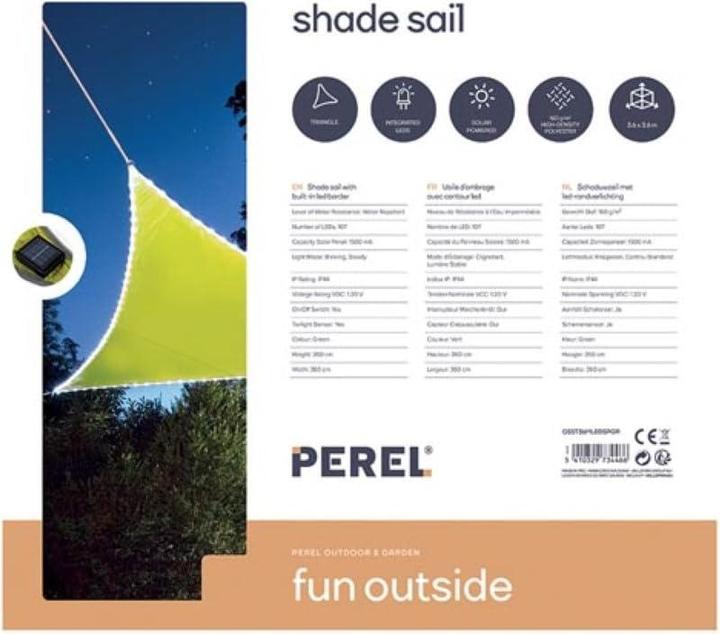 Produktbild Perel SONNENSEGEL MIT LED-BELEUCHTUNG - DREIECKIG - 3.6 x 3.6 x 3.6 m - LIMONENGR?N (3.6 x 3.6 x 3.6 m)