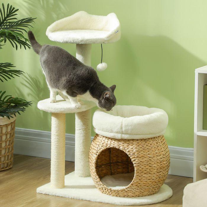 Produktbild Swisshandel24 Kratzbaum 79 cm Katzenbaum mit Katzenhöhle, für Katzen bis 5 kg, Cremeweiss (79 cm, Cremeweiss)