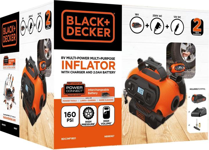 Produktbild Black & Decker 11 bar Kompressor 18V / 230V / 12V, 1x Akku, Schnelladegerät, diverses Zubehör (11 Bar, 0 l)