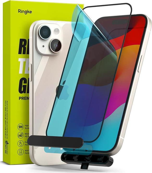 Actual product image Ringke iPhone 15 Screen Protector Premium Tempered Glass 9H with installation jig Transparent (1 Piece, Apple iPhone 15, Apple iPhone 16)