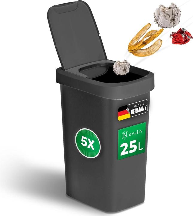 Produktbild Novaliv Sparset 5x Mülleimer 25L mit 2in1 Deckel, Klappdeckel & Schwingdeckel, Anti-Geruch Abfalleim (25 l)