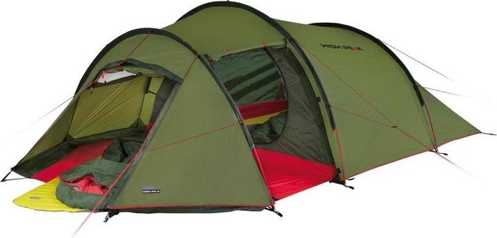 High Peak Tunnelzelt Zelt Falcon 4,grün/rot, Modell 2023, mit Vorbau für Gepäck (Tunnelzelt, 5.90 kg, 4 Personen)