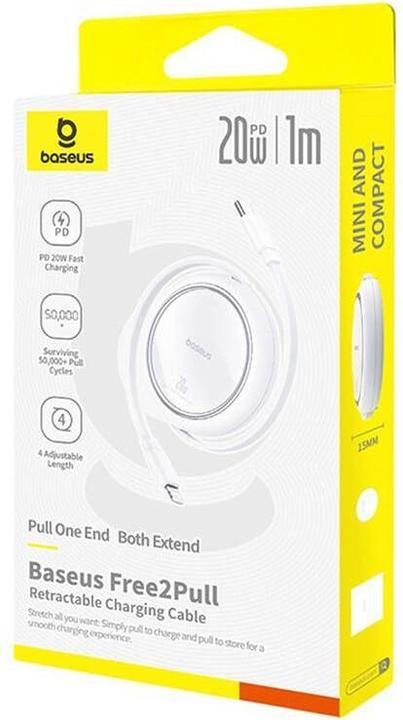Actual product image Baseus Free2Pull retractable USB-C / Lightning cable 20W 1m - white (1 m, USB 2.0, 20 W)