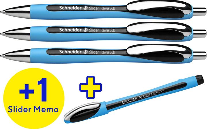 Actual product image Schneider AKTION: Kugelschreiber Slider Rave XB blau, Schreibfarbe: schwarz, 3 St. + GRATIS Schneide (Black, Blue, 1 x)