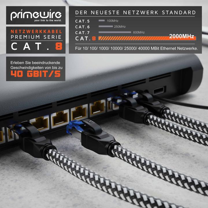 Produktbild Primewire CAT 8 Netzwerkkabel 40 Gbits - Baumwollmantel - LAN Kabel Patchkabel RJ45 - S/FTP PIMF Schirmung (S/FTP, 10 m)