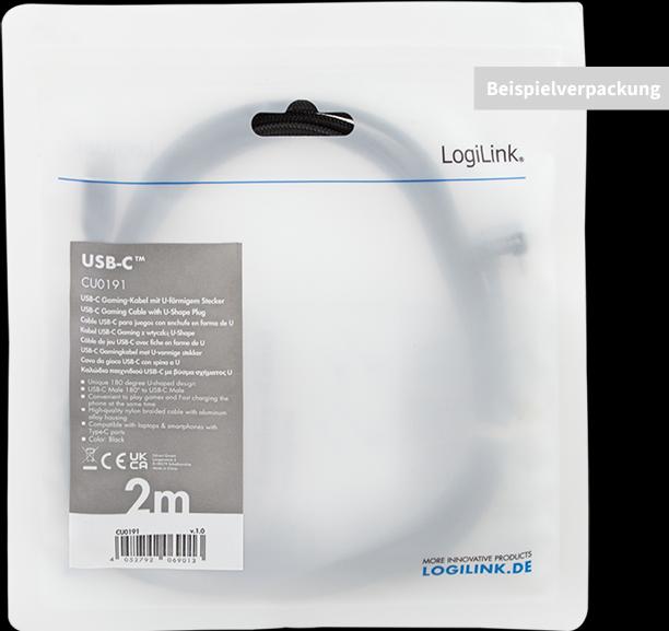 Produktbild LogiLink USB 2.0 Type-C-Kabel, C/M 180° zu USB-A/M, Alu, schwarz, 2 m (2 m, USB 2.0, 20 W)