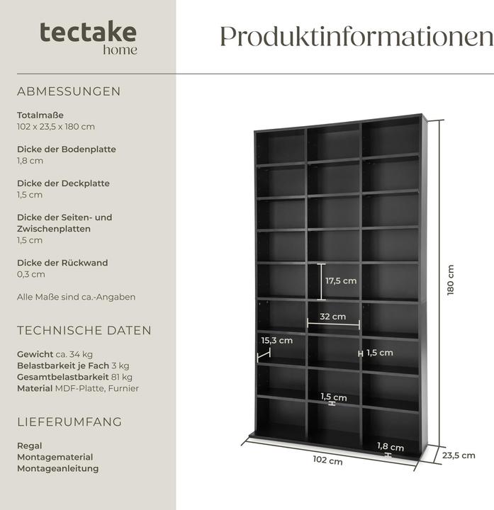 Produktbild tectake CD Regal (102 x 23.5 x 180 cm)