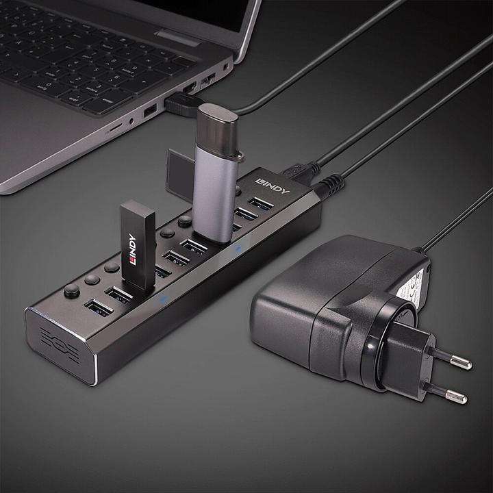 Produktbild Lindy 10 Port USB 3.0 Hub mit Ein-/Ausschaltern Schliessen sie bis zu 10 USB-Geräte an (USB-C, 10 Ports)