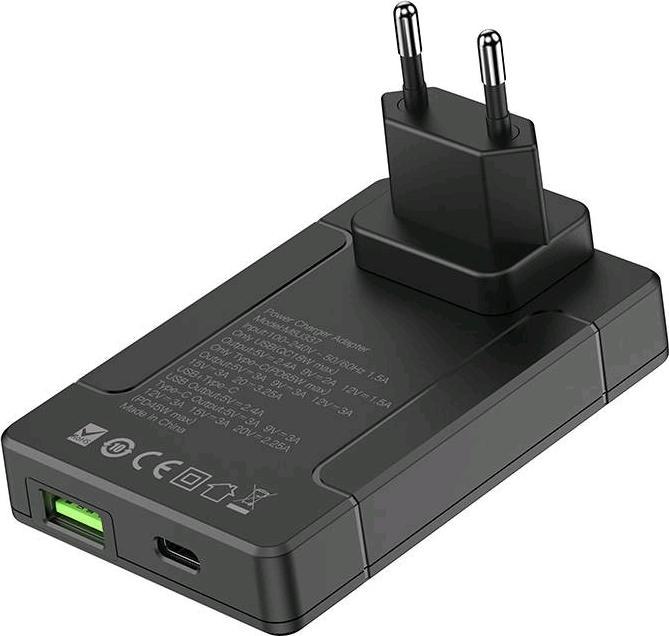 Actual product image Budi universal wall charger, USB + USB-C, PD 65W + EU/UK/US/AU adapters (black) (65 W)
